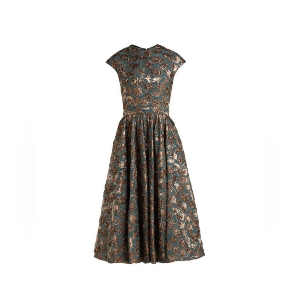 Rochas Metallic Floral Brocade Dress Gown Forest Green Size 46 IT 10 US